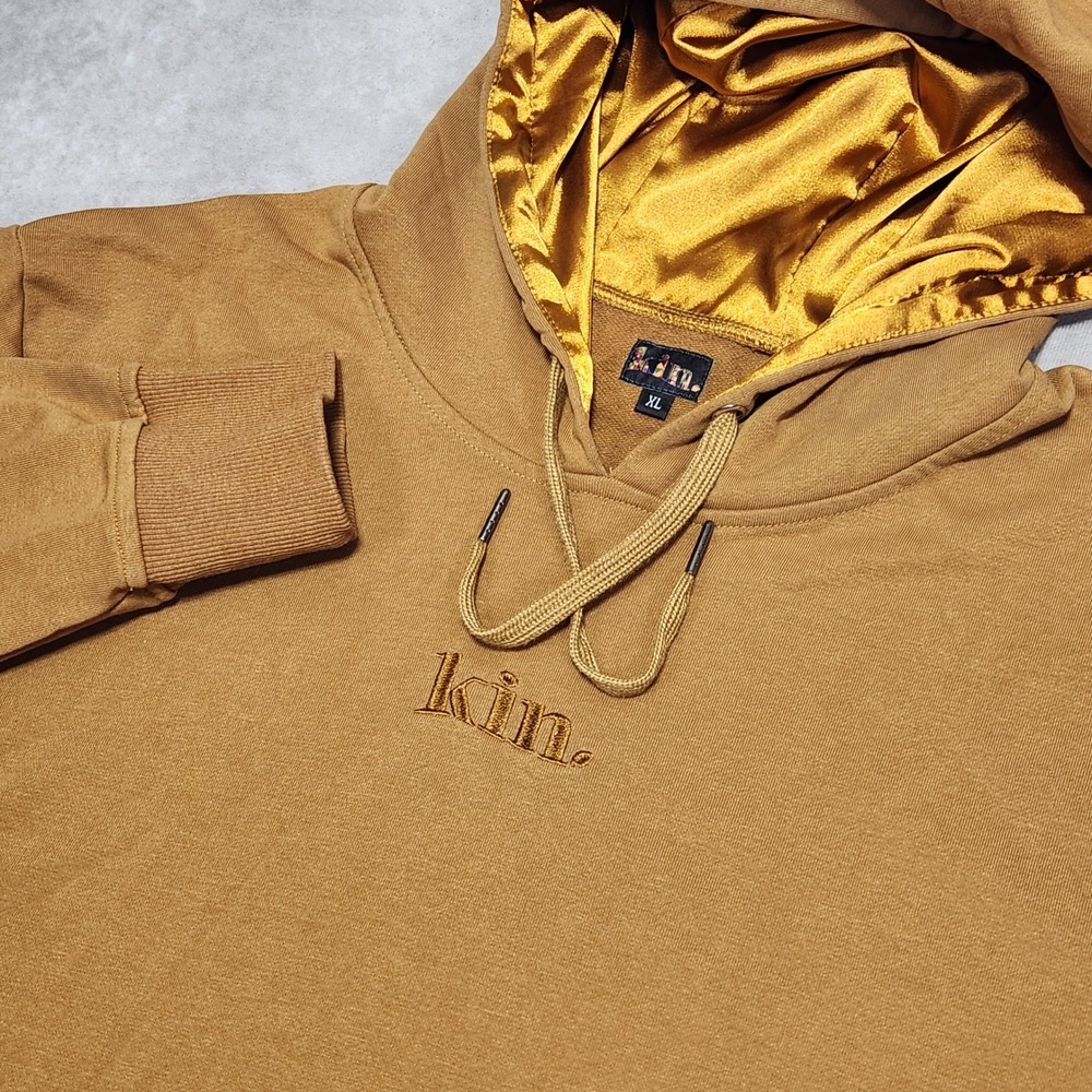 Kin Apparel XL Satin Lined Hoodie Camel Brown Embroidered Pullover Sweatshirt
